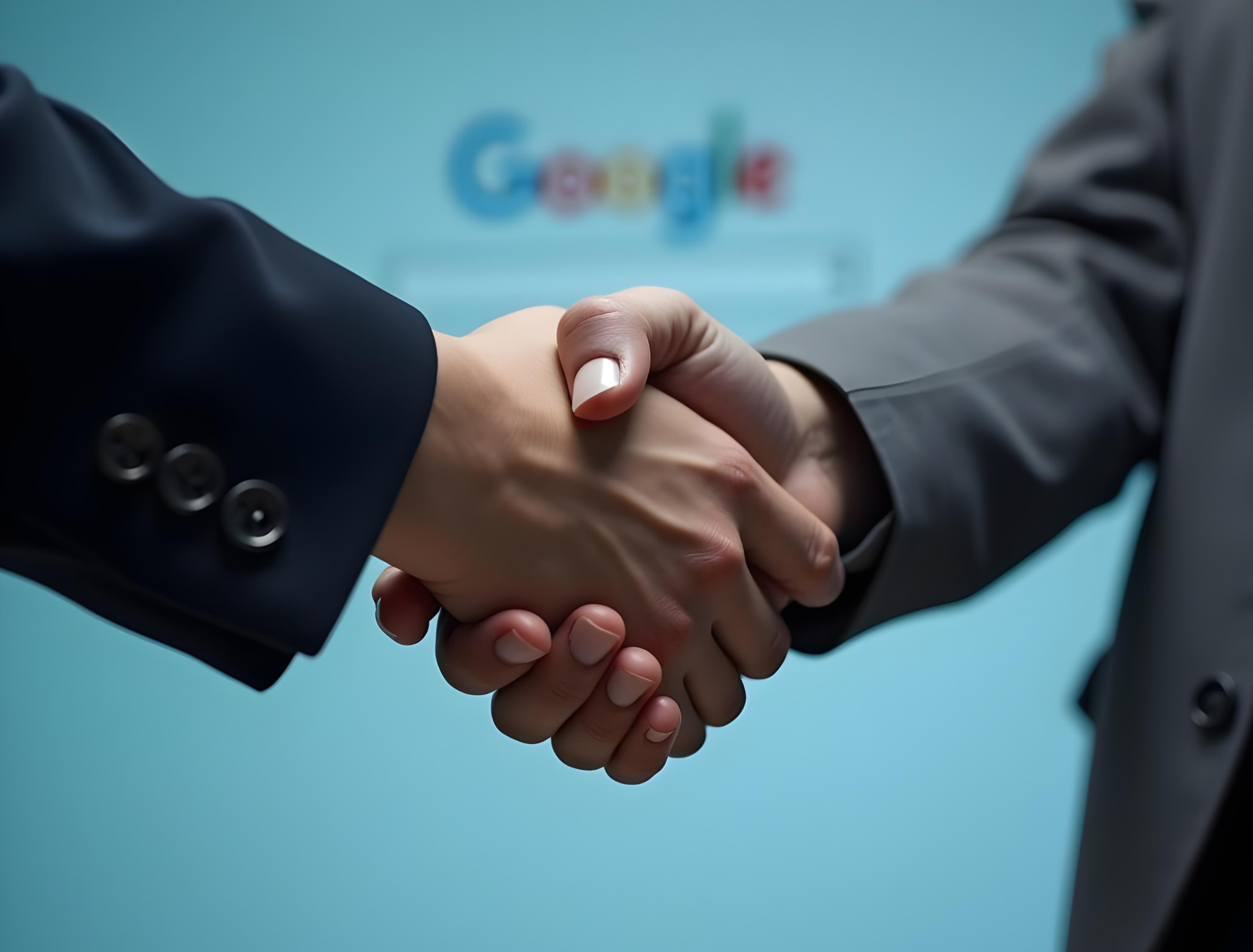 People doing handshake with a Google logo in the background